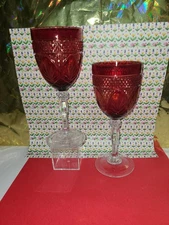 2 Clear Stem Ruby Red Luminarc Cristal d’Arques Durand Wine Glasses Christmas