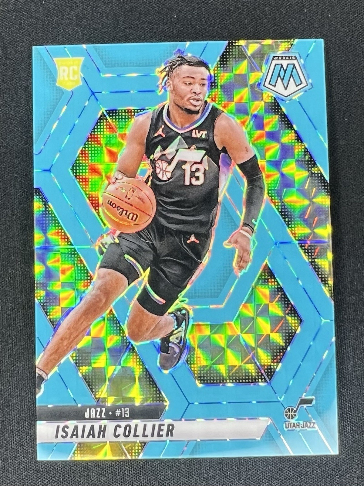 2024-25 Panini Mosaic - Rookies Isaiah Collier #222 Fluorescent Blue Mosaic /75 