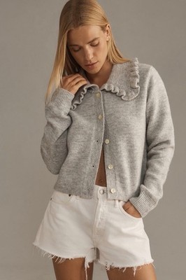 The Ainsley Ruffle-Collar Cardigan Sweater by Self Contrast Gray Size Med Anthro