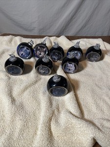 LOT OF 9 BRADFORD EDITIONS MYSTIC SPIRIT WOLF ORNAMENTS DARK BLUE BULB SILVER