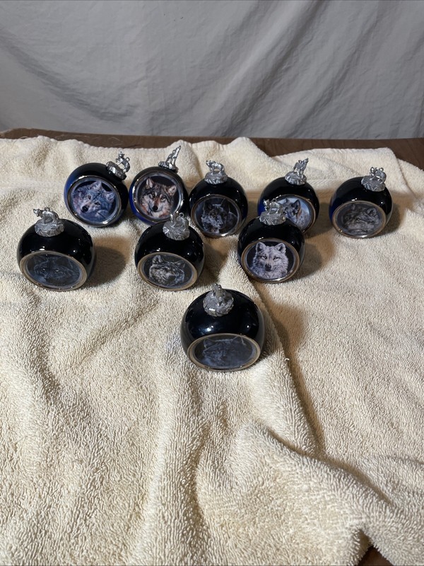 LOT OF 9 BRADFORD EDITIONS MYSTIC SPIRIT WOLF ORNAMENTS DARK BLUE BULB SILVER