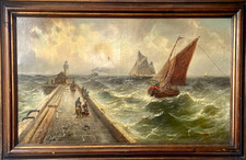 Antike Ölgemälde Französische Meerküsten mit Hafen und Schiffen Maritimer Kunst