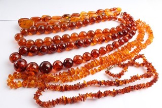 Vintage Amber Necklaces Baltic Red Sequins Polished Beads Sun Spangle x5 346g