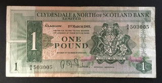 Banknote Of Scotland One Pound Clydesdale Bank Ltd Dated 1961. Circulated Cond.