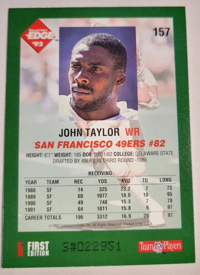 1992 John Taylor Card #157 Collectors Edge San Francisco 49ers Football Vintage - Image 3 of 4