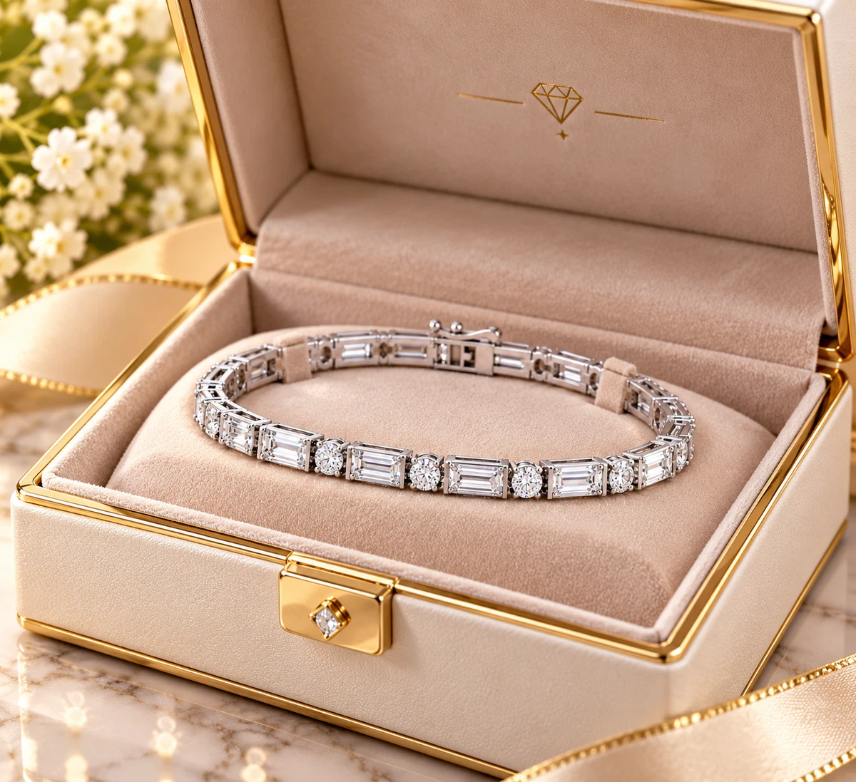 Baguette & Round  Diamond Round Cut Wedding Bracelet 10K White Gold 9.00 CT