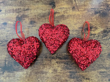 3 Red Glitter Heart Ornaments, Ribbon hanger, 4" Tall, NWT