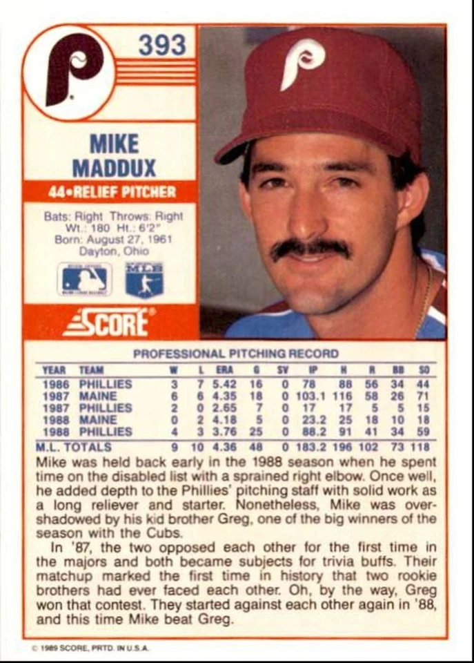 1989 Score Baseball Card Mike Maddux A Philadelphia Phillies #393 - Image 2 of 2