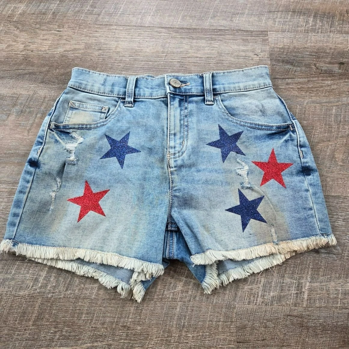 NWT Justice Size 16 girls' denim shorts w/red and blue stars and distress wear l