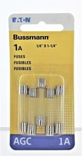 Bussman BP/AGC-1-RP 1 Amp 1/4" X 1-1/4" Fast-Acting Glass Tube Fuses 5 Count
