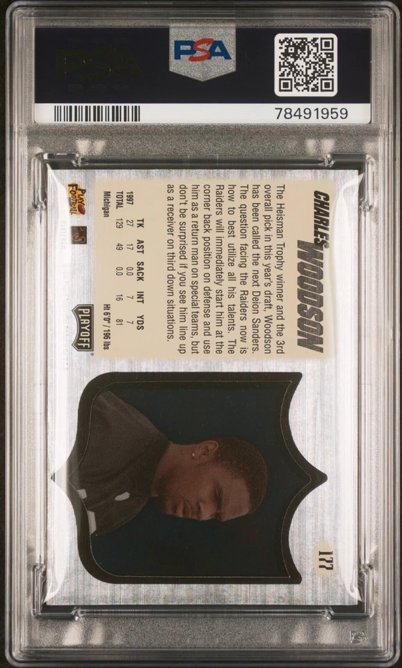 1998 Playoff Absolute Charles Woodson #177 Rookie RC SSD Hobby Silver PSA 6 Pop - Image 2 of 2