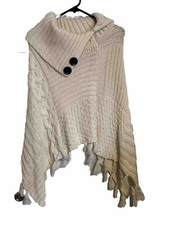 Vintage Knit Cape Cream Ivory Buttons Collar Fringe Shawl Poncho Womens ONE SIZE