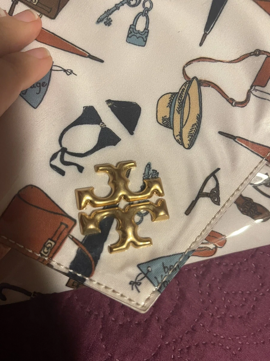 TORY BURCH Bon Voyage Print Gold Logo Travel Envelope Snap Bag Pouch Clutch  | eBay