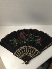 Floral Hand Fan Black/Gold With Rose/Green Colors Party Costume Accessory Nice