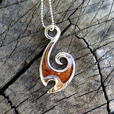 Hawaiian Jewelry Koa Wood Ocean Fish Hook Rhodium Plated Brass Pendant BRP1091