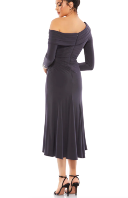 May MAC DUGGAL 264851 FOLDOVER LONG SLEEVE JWELED JERSEY CHARCOAL MIDI