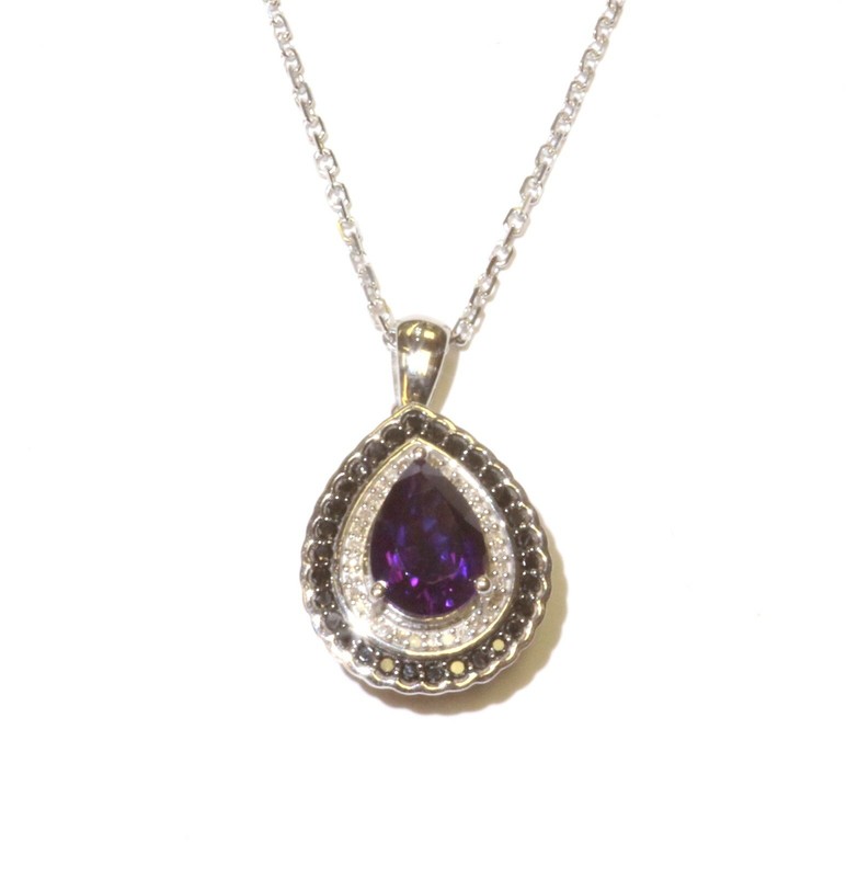 New 925 sterling silver .38ct black white diamond amethyst pendant necklace 5.9g