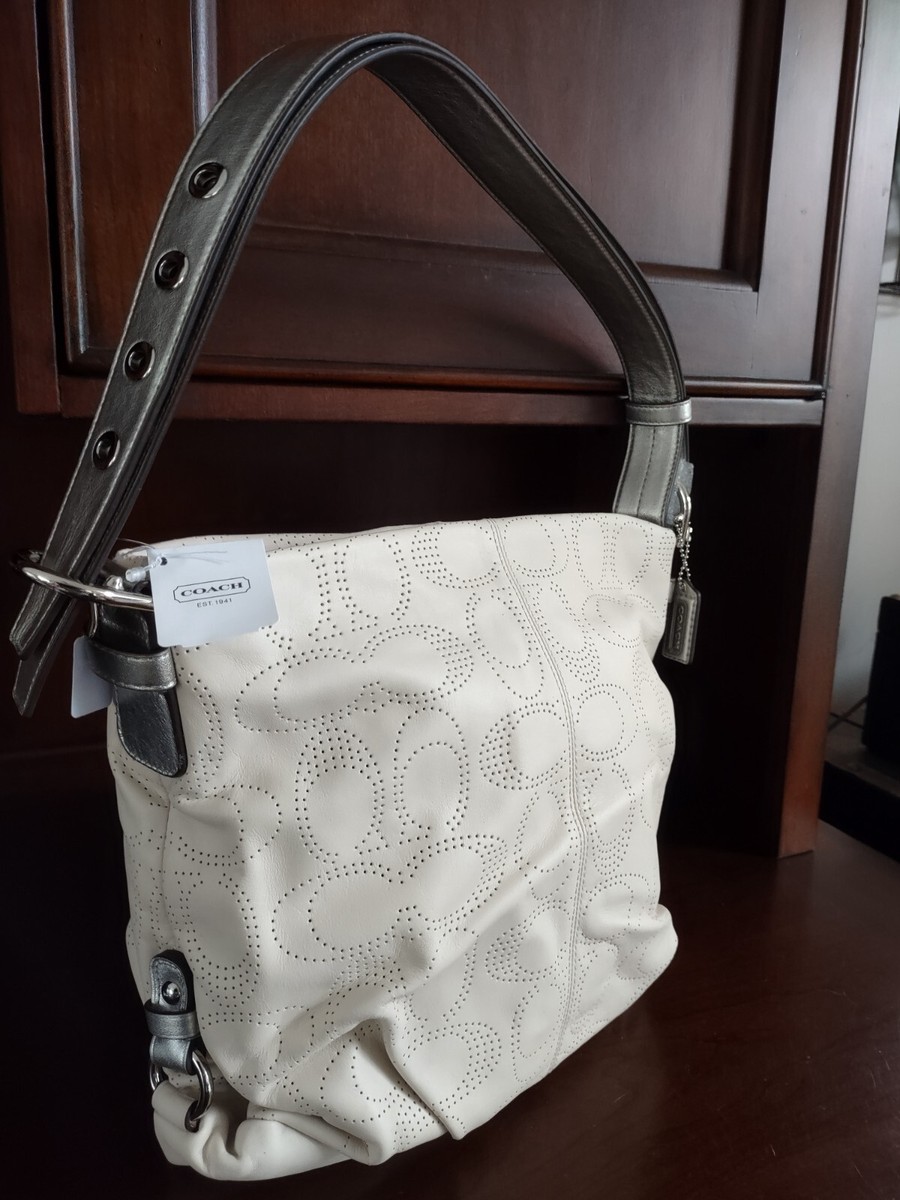 COACH Perforated Leather North South Crossbody Bag White Silver
