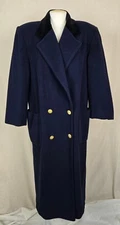 Vtg Leslie Fay Womens Size 10 Blue Pure Wool Long Coat Double Breasted Overcoat