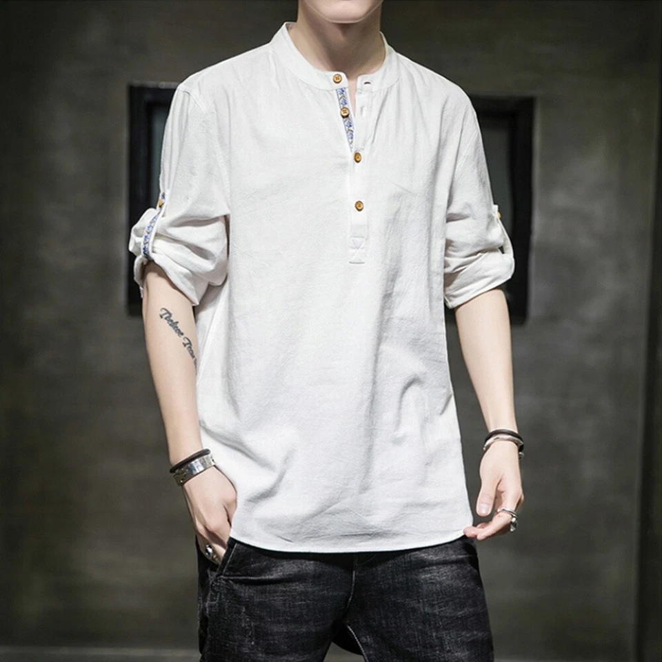 Men Cotton Linen Top Tee Shirt Roll Up 3/4 Sleeve Button Henley Neck T-shirt - Image 4 of 4
