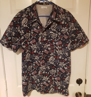 Columbia Shirt Mens Large Red White Blue Fish PFG Vented Camping Fishing Outdoor