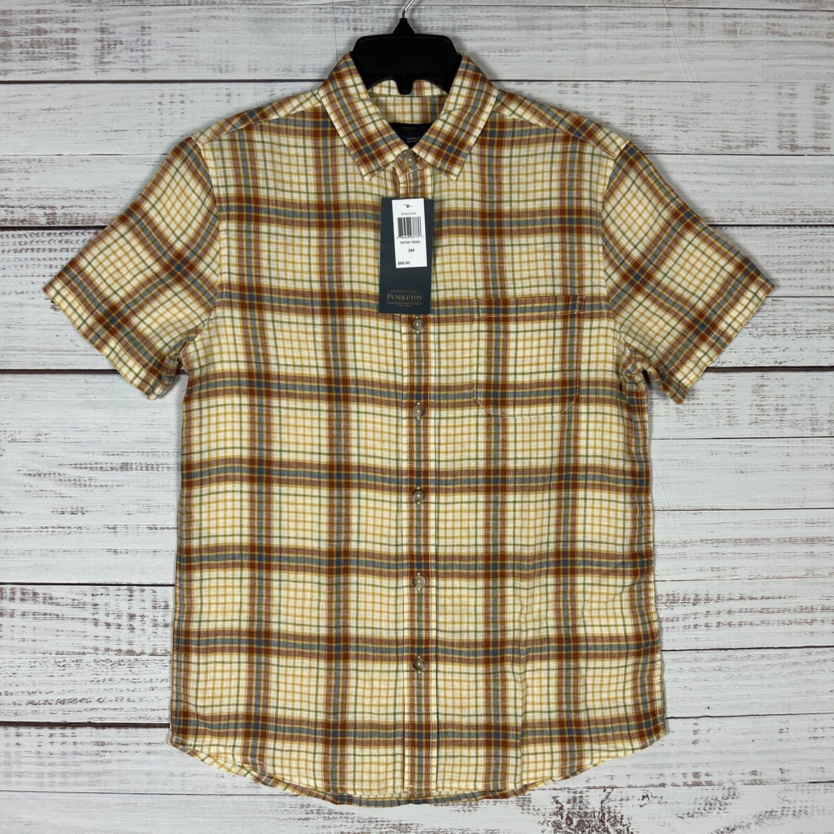 NEW Pendleton Shirt Mens Small Linen Blend Button Up Tan Check