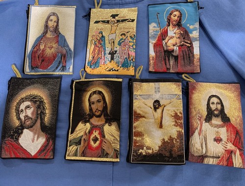 13 Pack Of Jesus Gold Rosary Pouch 2 Sided Zippered Icon Cloth Case Coin Bag - Picture 2 of 12