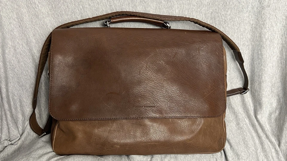 Brunello Cucinelli Dos Tonos Grande Cuero Marrón Maletín/Bolso Mensajero Foto 2 de 4