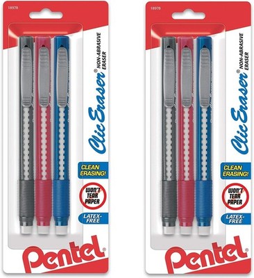 Pentel Clic Retractable Eraser with Grip, 3 Count - Pack of 6