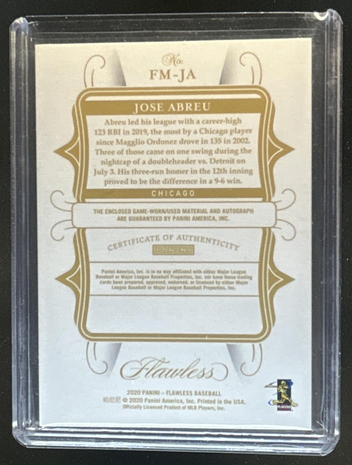 2020 Panini Flawless Jose Abreu Moments Patch Sapphire Auto #/10 White Sox view 2