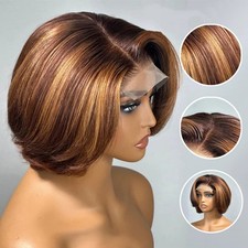 4/27 Highlight 4x4Body Wave Glueless Closure Human Hair Frontal Wigs Ombre Brown