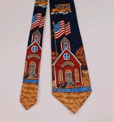 Steve Harris Hand Made Tie Blue School Bus School House 58"long - Image 1 of 4