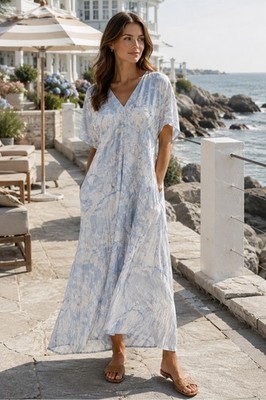 VINCE. Maxi Dress Magnolia Sky Silky Floral Crinkle Flutter Sleeve Pockets Sz S