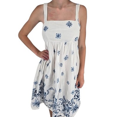 Gap Womens Sz 2 Knee Length Cotton Dress Sundress White Blue Floral Sleeveless