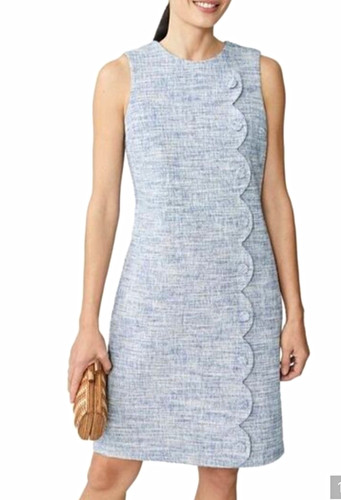 J. McLaughlin Blue/White Tweed Shift Dress Lined Sleeveless Zip Button Size 12