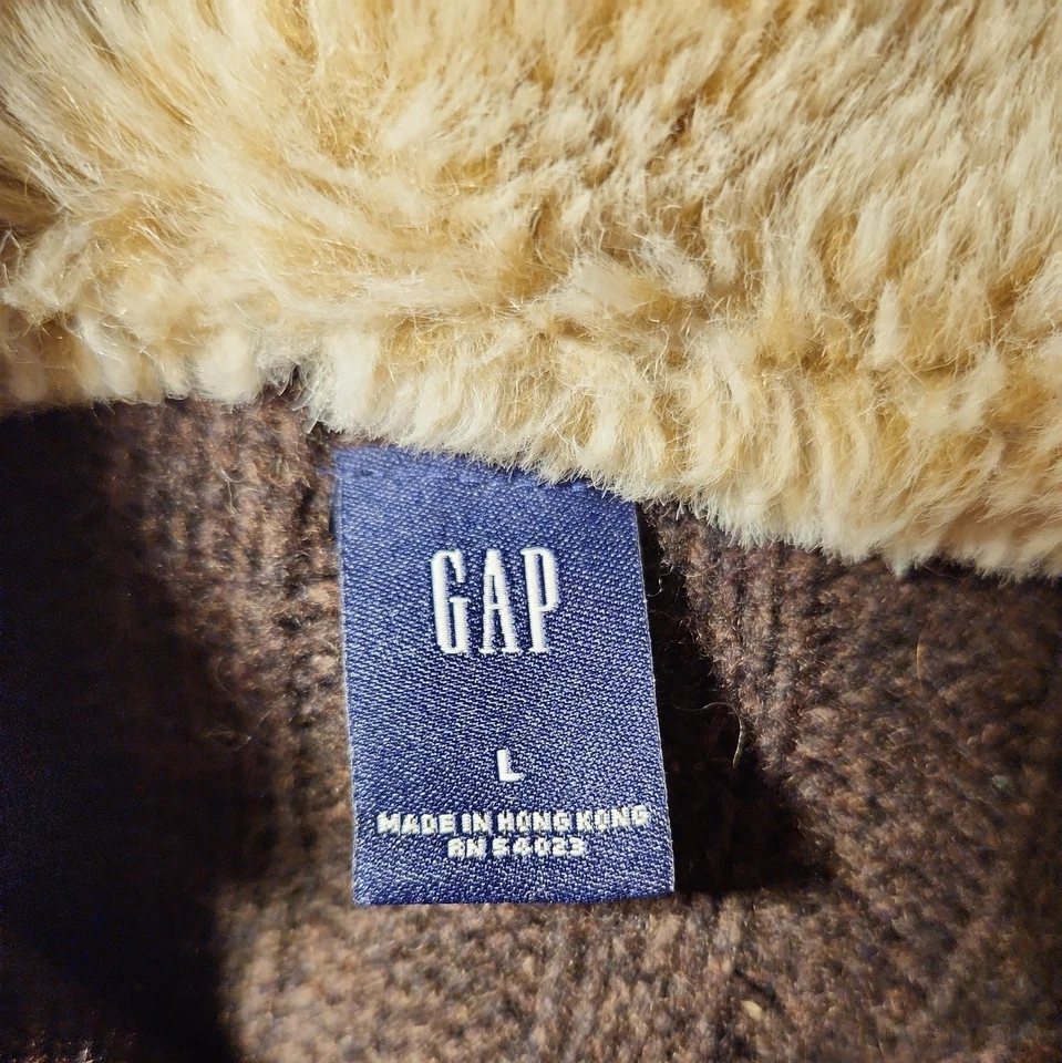 Vtg GAP Sweater Womens Large Cable Knit Wool Faux Fur Hooded Cardigan Chunky Y2K - Image 3 of 4