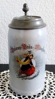 Rarität: Unions Bräu München Uralt Bier Krug 1 Liter Zinndeckel Münchner Kindl