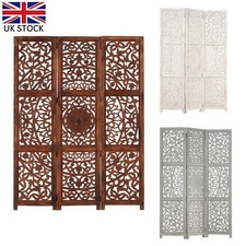 Hand carved 3-Panel Room Divider 120x165 cm Solid Mango Wood Foldable Grey/White