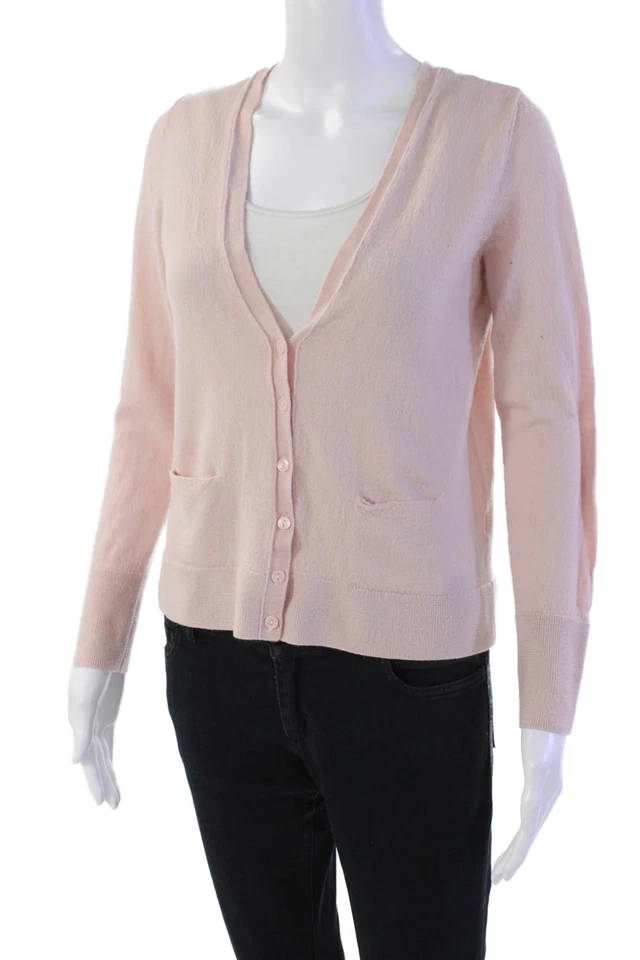 Cardigã feminino halogênio manga comprida com botão frontal gola V suéter lã rosa médio - Imagem 2 de 4