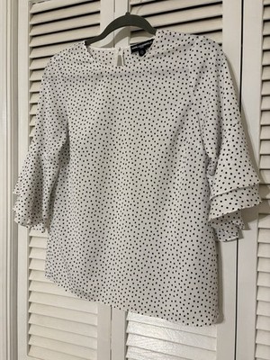 Karl Lagerfeld Paris Women's Polka Dot Ruffle Bell Sleeve Blouse XS White Black