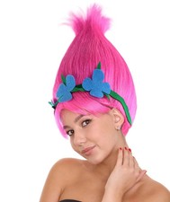 Princess Troll Pink Pointy Wig with Green and Blue Floral Crown for Teen Durable