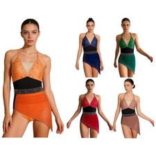 Womens Leotard Costume Bodysuit Shiny Rhinestones Jumpsuit Mesh Gymnastics