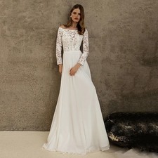 Sexy Beach Wedding Dress Boat Neck LongSleeves See Through Lace Applique Chiffon
