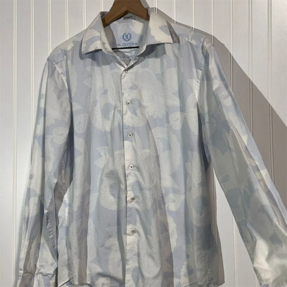 Camisa Bugatchi Uomo Ajuste en Forma de L Blanca Azul Paisley Floral Manga Larga Algodón Foto 4 de 4