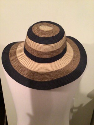 Panama Jack women\'s straw brimmed sun hat in a striped blue and tan Rush Straw Safari Sun Hat – Panama Jack® main image 3