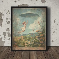 Vintage UFO ALIEN ABDUCTION Wall Art, Sci-Fi Botanical Decor, UAP Flower Poster