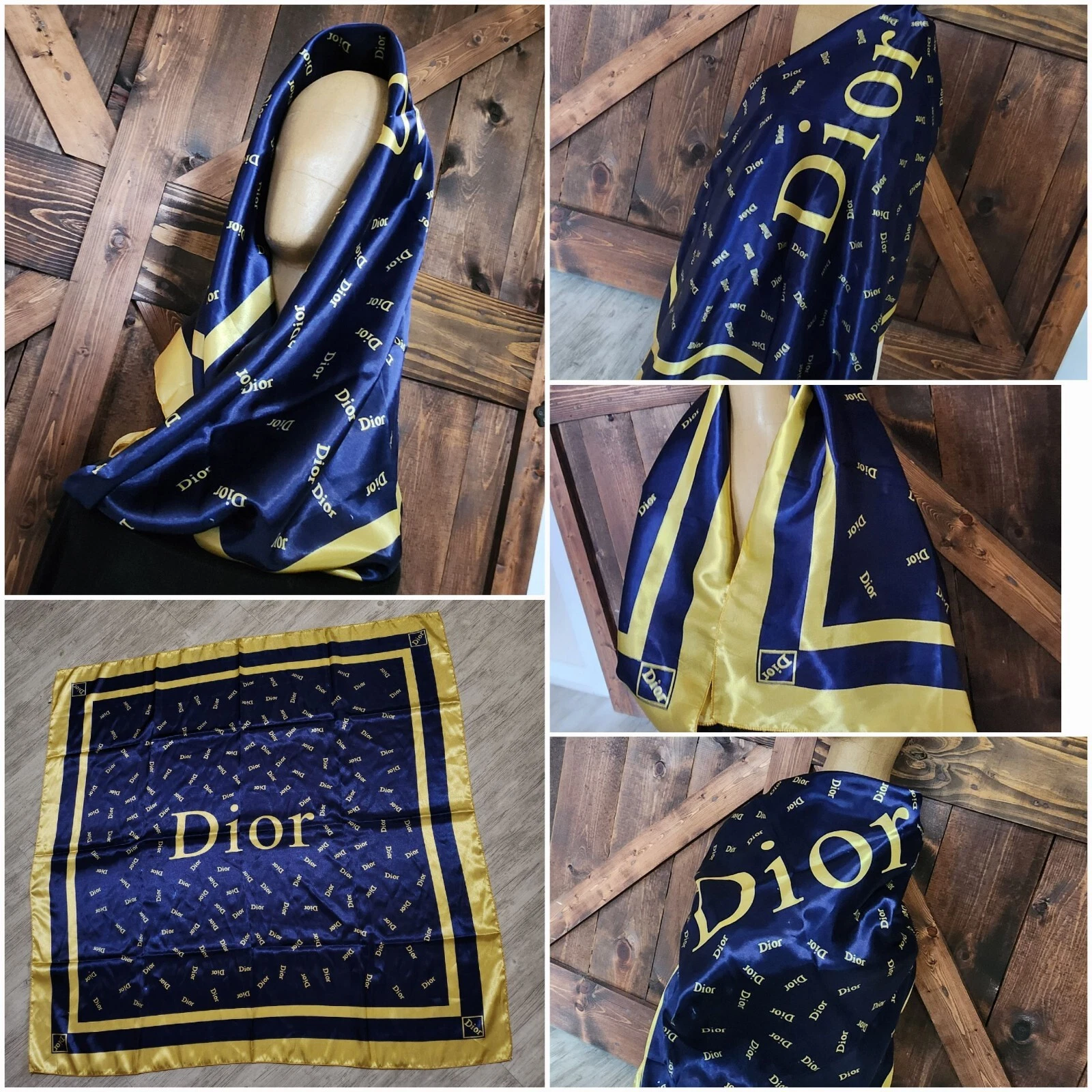 Écharpe vintage authentique logo exclusif monogramme DIOR or et bleu 100 % soie