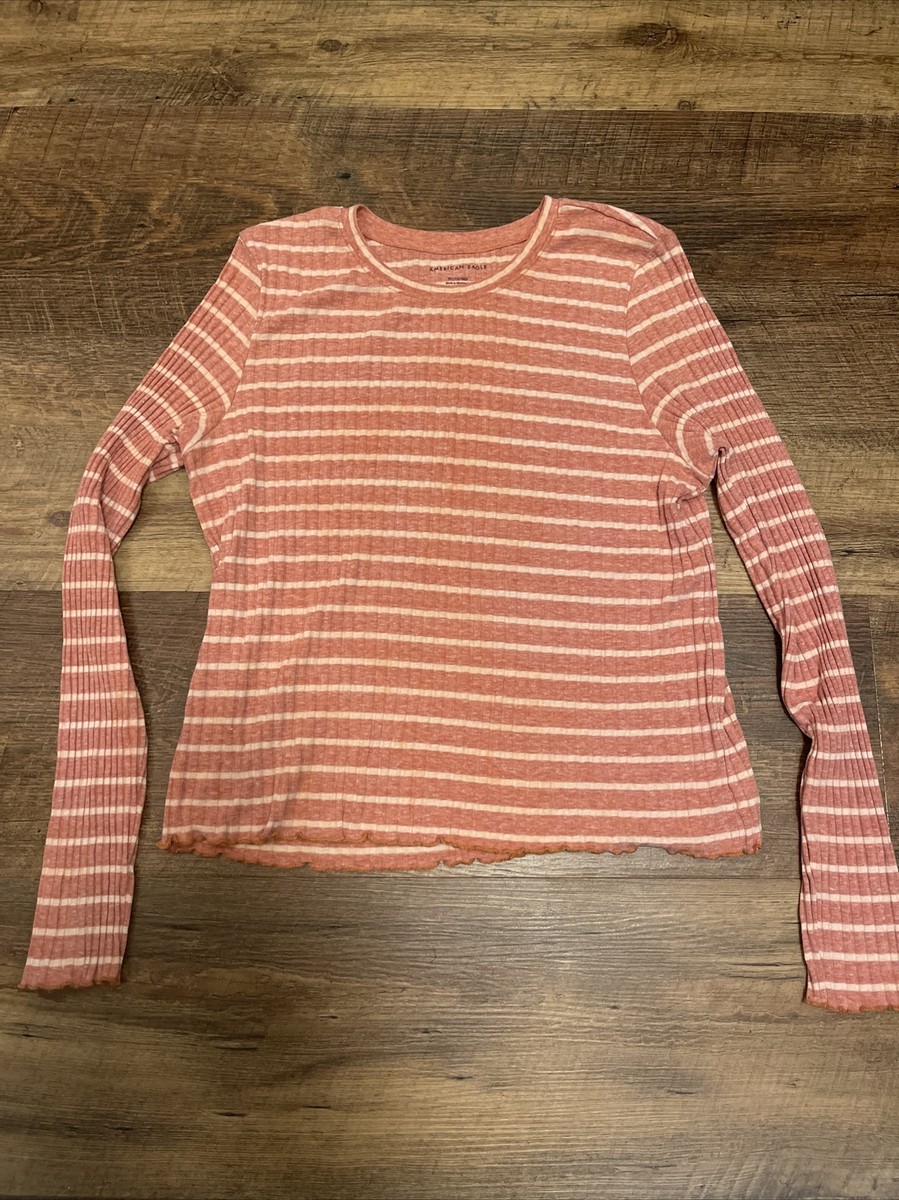 American Eagle Women Shirt XL Peach & Orange Striped Ribbed