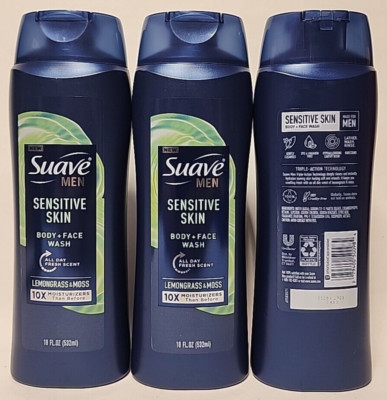 (3 Ct) Suave Men Face & Body Wash, Sensitive Skin, Lemongrass & Moss 18 oz