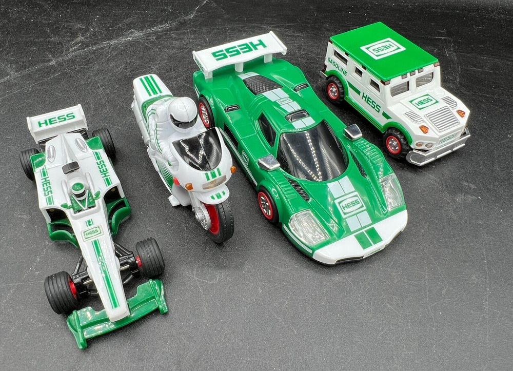 Vintage Hess Toy Lot of 4 - Race Cars, Truck, Motorcycle Green/White  [A12]